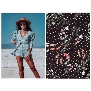 Gypsy Tale Boho Boutique Coachella Floral Puff Long- Sleeve Black Floral Polka D